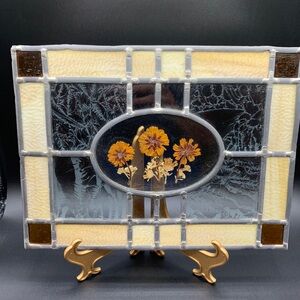 Handmade Leaded Beveled Stained Glass Pressed Flowers Window
